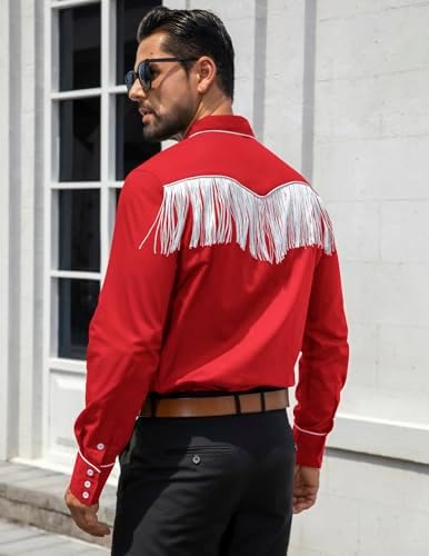 Men's Western Cowboy Fringe Shirts Long Sleeve Button Down Embroidered Vintage Casual Hippie Shirts