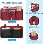 FINPAC Wheelchair Side Storage Bag w/Cup Holder, Wheelchair Armrest Accessories Pouch with Pen Slot and Reflective Strips for Power Walkers, Rollators, Seniors - Burgundy
