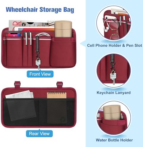 FINPAC Wheelchair Side Storage Bag w/Cup Holder, Wheelchair Armrest Accessories Pouch with Pen Slot and Reflective Strips for Power Walkers, Rollators, Seniors - Burgundy