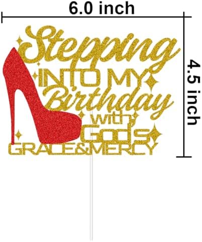 Stepping Into My Birthday With God's Grace & Mercy Cake Topper, Happy Birthday Cake Party Decorations for Girls Women Gold & Red Glitter