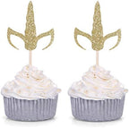 Set of 24 Gold Glitter Unicorn Horn and Ears Cupcake Toppers Baby Shower Kid's Birthday Party Decorations