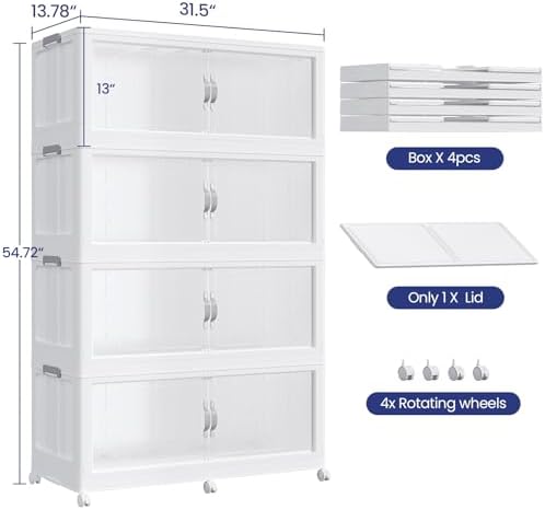 160GAL Plastic Storage Bins with Lid, 640QT Extra Large Stackable Closet Organizers and Storage, Collapsible Storage Boxes with Wheels, Folding Cabinet for Home Kitchen Office, 4Pack White