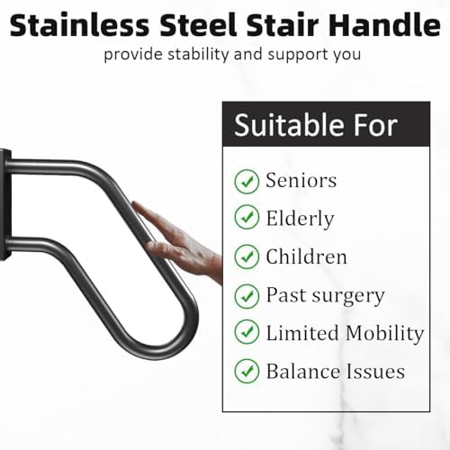 Handrails Wall Mount Stair Safety Handle Non-Slip Step Metal U-Shape Grab Yard Mounted Garage Porch Garden Hand Railings Powder Coated Heavy Duty Indoor or Outdoor Safe Bars Black for 1 to 3 Steps