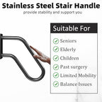 Handrails Wall Mount Stair Safety Handle Non-Slip Step Metal U-Shape Grab Yard Mounted Garage Porch Garden Hand Railings Powder Coated Heavy Duty Indoor or Outdoor Safe Bars Black for 1 to 3 Steps