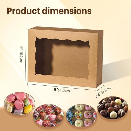 25PCS 8x6x2.5 Inch Brown Bakery Boxes with Window, Pastry Box for Chocolate Strawberries, Macarons, Truffles, Perfect for Thanksgiving Day, Mother's Day, Christmas Party Favors & Holiday