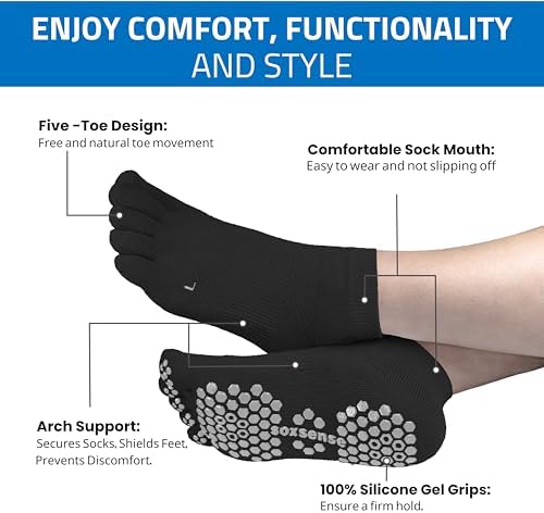 Soxsense Multi-Pack Sports Grip Toe Socks with Cushion, Non-Slip Finger Socks for Pilates, Home Gym, Soccer, basketball