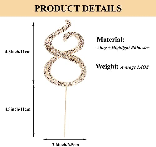Birthday Cake Topper Number, Bling Gold Rhinestone Large Number 0-9 Happy Birthday Cake Topper for Birthday Anniversary Party Decoration, 8