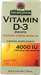 Nature's Answer Vitamin D-3 Drops | Blended with Extra Virgin Gold Olive Oil | Quickly Absorbed into Body | No Fillers, No Soy, Yeast Sugar, Milk or Preservatives 0.5oz