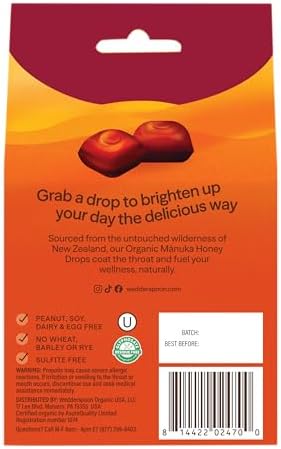 Wedderspoon Organic Manuka Honey Drops, Cherry, Bee Propolis & Echinacea, 20 Count, USDA Organic, Genuine New Zealand Honey, Natural Remedy for Dry Throat