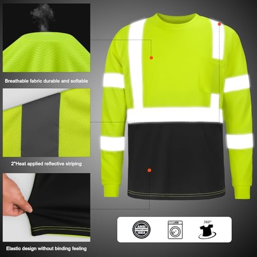 High Visibility Class 3 Shirts，Hi Vis Safety Long Sleeve Quick Dry Mesh Construction Work