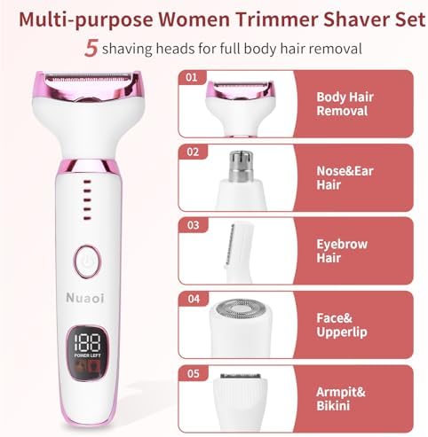 Electric Bikini Trimmer for Women - 5 in 1 Upgraded Body Face Shaver Nose Pubic Hair Trimmer Razors for Women Men Rechargeable Hair Removal Kit for Face Chin Eyebrow Arms Armpit Legs Groomer