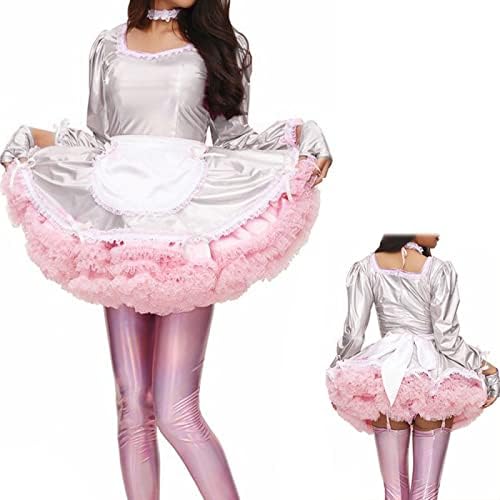 Dress Fancy Apron Maid Dress Laser Long Sleeve Shiny Costume Gloves and Neckwear,Laser Sliver,M