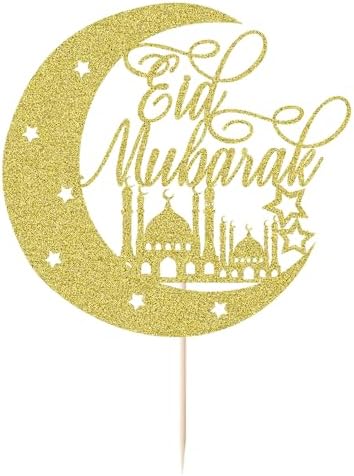 Eid Mubarak Cake Topper Gold Glitter Moon Star Mosque Design Ramadan Eid Party Decoration