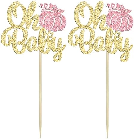 Gyufise 24Pcs Pumpkin Oh Baby Cupcake Toppers Glitter Fall Theme Cupcake Picks Baby Shower Cake Decorations for Gender Reveal Kids Birthday Party Supplies Gold