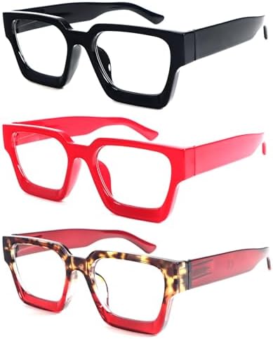 REAVEE 3 Pack Thick Frame Reading Glasses for Women Men, Oversized Fashion Blue Light Blocking Readers Spring Hinge