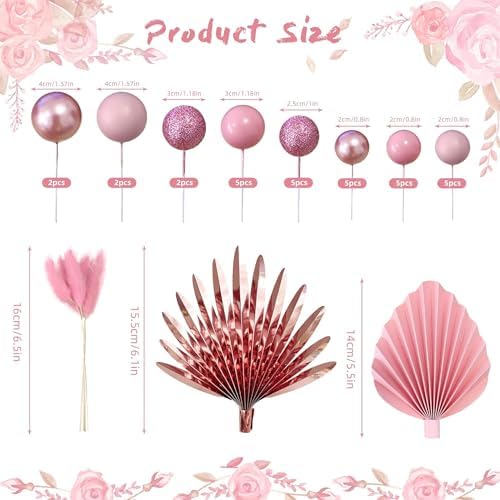 38 PCS Balls Cake Toppers Palm Leaves Cake Decorations for Birthday Wedding Baby Shower Party Supplies (Rose Gold)
