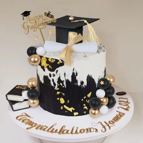 Graduation Cake Toppers - Graduations Cap Diploma Balls Congrats Grad Cake Decorations for 2026 High School College Senior Graduation Supplies (Black Gold White)
