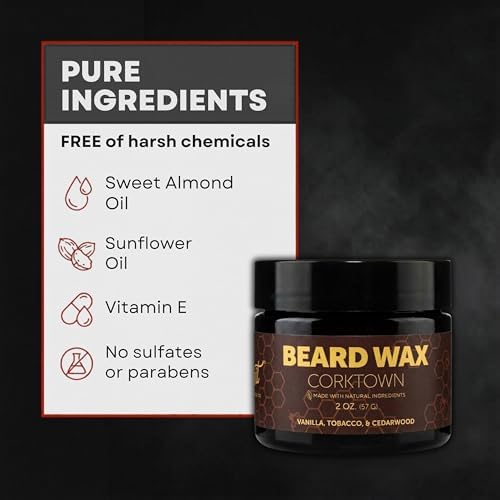 Detroit Grooming Co. Strong Hold Beard Wax - All-Natural Styling Putty with Sweet Almond & Sunflower Oil - Maximum Control for Shaping & Taming - Corktown, 2oz