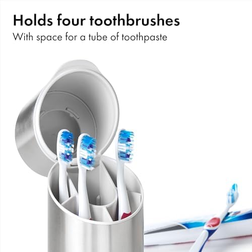 OXO Good Grips Stainless Steel Toothbrush Organizer, Bathroom Organizer and Storage, Toothbrush Holder for Countertop, Sleek Modern Bathroom Accessories