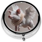 Flying Pig with Wings Round Pill Case, Portable Pill Box for Pocket Metal Medicine Vitamin Organizer 3 Compartment Three Times A Day