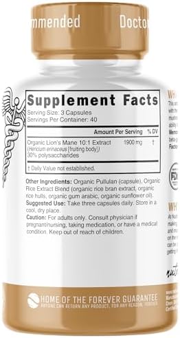 Nutri Organic Lions Mane Supplement Capsules - 1900 mg, 10:1 Dual Extraction, 120 Count - Certified Organic Mushroom Extract (Fruiting Body) - Third Party Tested - Cognitive Support, Heart Health