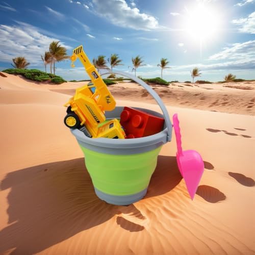 SAMMART 5.5L (1.4 Gallon) Collapsible Plastic Bucket - Foldable Round Tub - Portable Fishing Water Pail - Space Saving Outdoor Waterpot (Grey & Grass Green, 2)