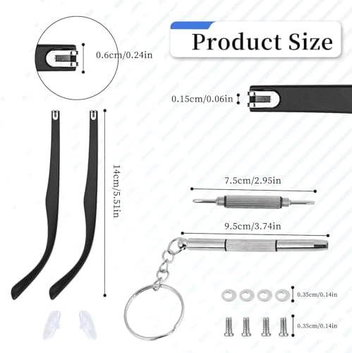 KALIONE 1 Pair Glasses Arm Replacement, Glasses Legs Replacement Eyeglass Arm Replacement Eyeglasses Arms Legs Replacement Accessories With Screws, Washers, Screwdrivers, Nose Pads (Black)