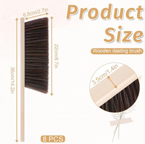 8 Pieces Hand Broom Brush Woooden Dust Brush Bulk Bench Brushes with Long Wood Handle Soft Bristle Whisk Broom Hand Held for Counter Bed Sofa Bench Car Fireplace Clothes Household Cleaning