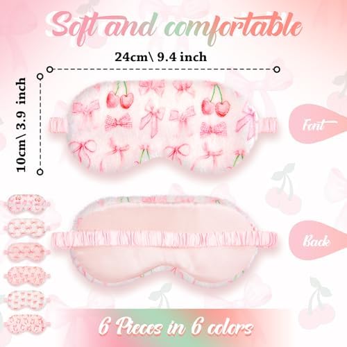 Cuffbow 6 Pack Plush Sleep Mask Set, Cute Plush Eye Masks for Sleeping, Soft Comfortable Travel Nap Blindfold, Sleepover Party Favors for Women(Bow,Pink)