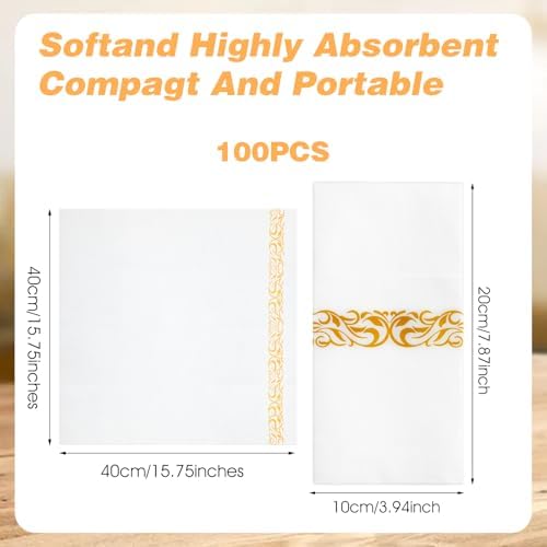 100 Pack White and Gold Napkins Disposable Linen Feel Dinner Napkins with Built-in Flatware Pocket Gold Trim Lined Pre Folded Napkins Cloth for Wedding Dinner Party Events
