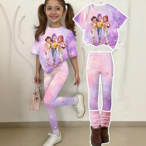 K-pop HUNTR/X 2 Piece Short Sleeve Top Shorts Hunter Print Outfits Set Teen Girl Cartoon Costume Outfits Short Set