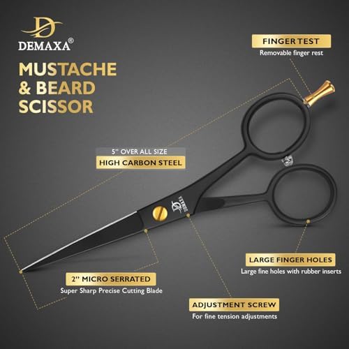 DEMAXA 5" Professional Beard Scissors for men Mustache Scissors with 1 Mustache Comb, 1 Beard Comb & Soft Pouch – Prefect Beard shears mustache kit for All Facial Hair – moustache Grooming kit for Men