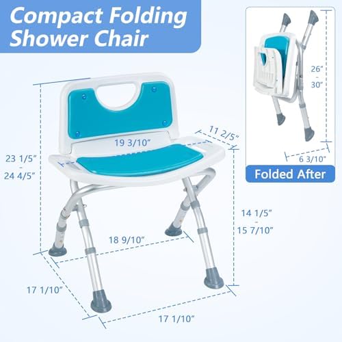 Small Folding Shower Chair with Foldable Back, Portable Bath Stools for Seniors with Removable Pad, Adjustable Height, Supports 280 lbs