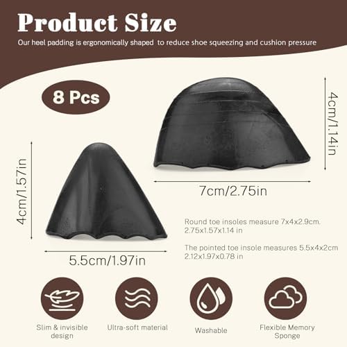 ASTIMES 4 Pairs Black Round & Pointed Head Shoe Filler, Shoe Toe Inserts Cushion Make Shoes Fit, PU Stuffers for Shoes Too Big, Size Reducer for Loose Man Sneakers Flats (Black, large)