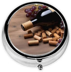 Small Pill Box 3 Compartment Wine Bottle Corks Grapes Pill Box for Pocket or Purse Decorative Metal Pill Organizer Portable Travel Pillbox Round Medicine Vitamin Holder Unique Gift