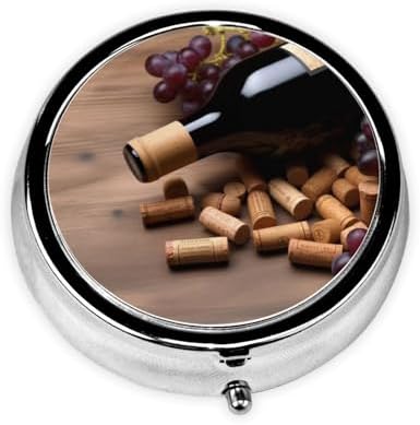 Small Pill Box 3 Compartment Wine Bottle Corks Grapes Pill Box for Pocket or Purse Decorative Metal Pill Organizer Portable Travel Pillbox Round Medicine Vitamin Holder Unique Gift