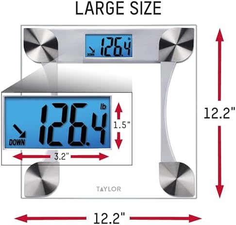 Taylor Digital Bathroom Scale for Body Weight, Large 12.2 Inch Glass Platform, Blue Backlit LCD Display, 440 lb Capacity, Weight Tracking for 2 Users, Clear