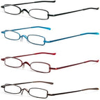 MMOWW Small Reading Glasses Men Women 4 Pairs Slim Pocket Readers with Pen Clip Metal Case Spring Hinge (Black/Blue/Red/Brown, +1.0)