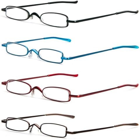 MMOWW Small Reading Glasses Men Women 4 Pairs Slim Pocket Readers with Pen Clip Metal Case Spring Hinge (Black/Blue/Red/Brown, +1.0)