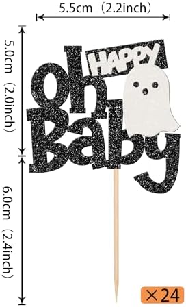 Oh Baby 24 Pack Halloween Cupcake Toppers - Glitter Ghost Cupcake Picks for Baby Shower, Kids Birthday, Party Decoration