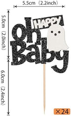 Oh Baby 24 Pack Halloween Cupcake Toppers - Glitter Ghost Cupcake Picks for Baby Shower, Kids Birthday, Party Decoration