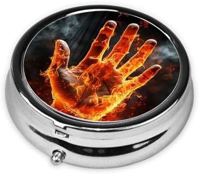 Portable 3-Compartment Pill Box – Round Daily Medicine Organizer for Pocket or Purse, Fire Flame Hand Ideal for Morning, Noon & Evening Doses