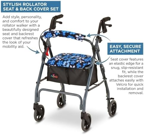 NOVA Rollator Walker Seat & Backrest Cover Set – Removable Washable Fabric Cushion Covers for Standard Rolling Walkers, Comfort & Style Upgrade Mobility Accessory, Aloha Blue