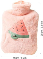 Cute Hot Water Bottles, 1L (34oz) Durable Large Hot Water Bag with Cartoon Fruit Faux Fur Plush Cover for Hot and Cold Compress Hand Feet Warmer Thickened Hand Warmer for Neck and Shoulder