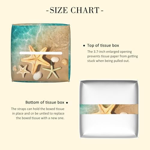 Beach Theme Tissue Box Holder Seashell Starfish Print Tissue Box Cover Square Leather Tissue Holder Organizer Portable Decorative Facial Paper Case for Home Office Bathroom Vanity Countertop