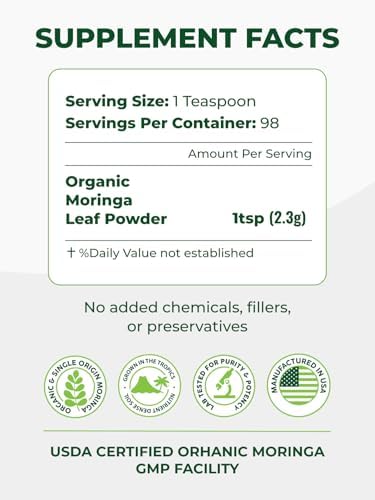 PURA VIDA MORINGA Organic Moringa Leaf Powder, Premium 100% Leaf Powder Single Origin - USDA Organic Moringa Oleifera, Perfect for Smoothies & Recipes, 8 oz