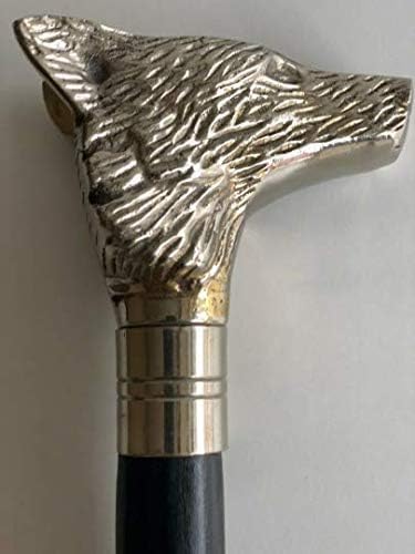 Victorian Style/Wooden Walking Stick Wolf face Handle with Silver Chrome Finish