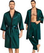 SWOMOG 3Pcs Men's Satin Robe Silk Satin Kimono Bathrobe with Shorts&Pants Set Soft Lightweight Nightwear
