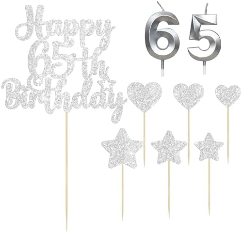 Gyufise 15Pcs Happy 65th Birthday Cake Topper Set with Heart Star Glitter Cheers to 65 Years Cake Picks Number 65 Candles Cake Decorations for Happy 65th Birthday Anniversary Party Supplies Silver