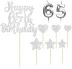 Gyufise 15Pcs Happy 65th Birthday Cake Topper Set with Heart Star Glitter Cheers to 65 Years Cake Picks Number 65 Candles Cake Decorations for Happy 65th Birthday Anniversary Party Supplies Silver